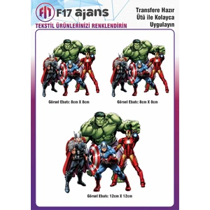 F17 Ajans Ütü ile Yapışan Tekstil Baskı Görseli Marvel Hulk,ıron Man, Kaptan Amerika, Thor 3'lü Set