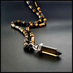 Seven Art Jewelry Doğal Taş Kolye, Kaplan Gözü, Akik, Dumanlı Kuvars Kolye