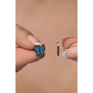 925 Ayar Gümüş Rose Turkuaz Taşlı Kelebek Küpe