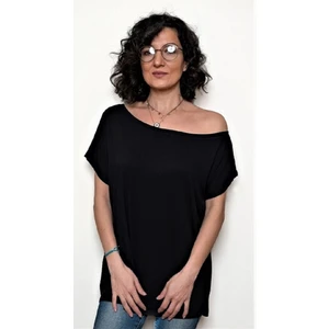 Tek Omuz Dekolteli Kayık Yaka Viskon Merserize Kumaş Siyah T-Shirt