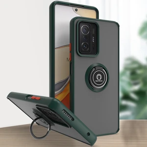 Xiaomi 11T / 11T Pro Için Yüzük Stand Mat Sert Silikon Telefon Kılıfı - Koyu Yeşil (Yurt Dışından)