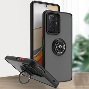 Xiaomi 11T / 11T Pro Için Yüzük Stand Mat Sert Silikon Telefon Kılıfı - Siyah/kırmızı (Yurt Dışından)