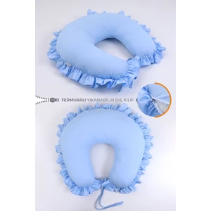 Emzirme Yastığı Minderi, Pamuk Kumaş - Mavi Fırfırlı