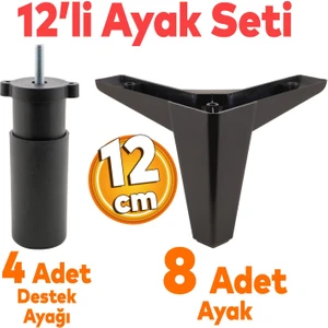 Sedir 12'li Set Mobilya Tv Ünitesi Çekyat Koltuk Kanepe Destek Ayağı 12 Cm Siyah Baza Ayakları