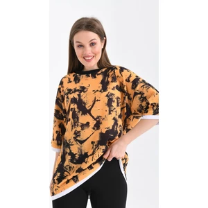 Unisex Açık Turuncu Geniş Kalıp Batik Desen Baskılı T-Shirt