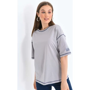 Kadın Füme Karyoka Dikişli Geniş Kalıp Tek Kolu Baskılı Örme T-Shirt