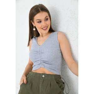 Kadın Gri Büzgü Detaylı V Yaka Örme Crop Bluz