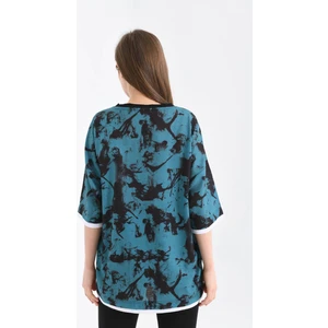 Unisex Koyu Mavi Geniş Kalıp Batik Desen Baskılı T-Shirt