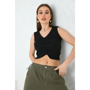 Kadın Siyah Büzgü Detaylı V Yaka Örme Crop Bluz