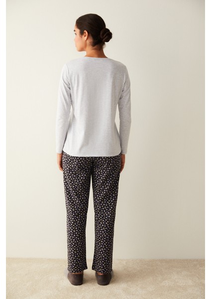 Gri-Siyah With Love Baskılı Pijama Takımı