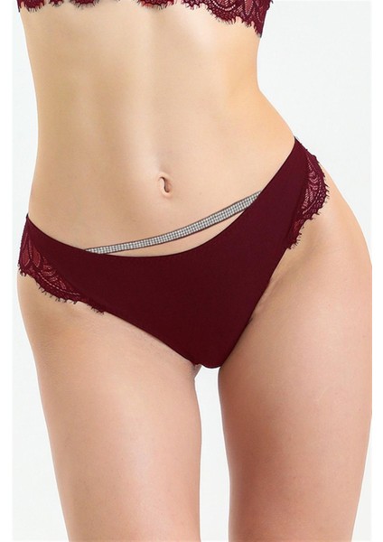 486 Kadın Bordo Taşlı Dantelli Normal Külot