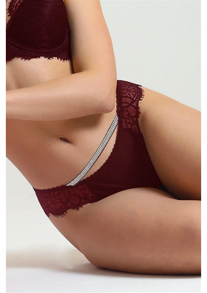 486 Kadın Bordo Taşlı Dantelli Normal Külot modelleri