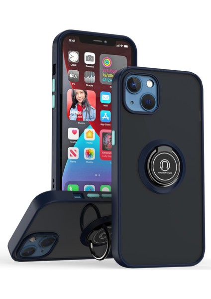 iPhone 13 Için Yüzük Stand Mat Sert Silikon Telefon Kılıfı - Mavi (Yurt Dışından)