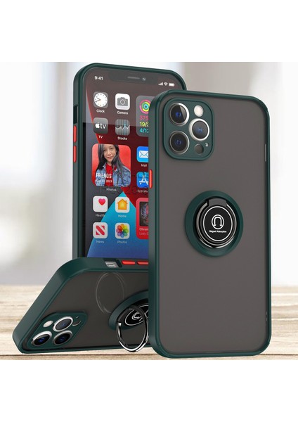 iPhone 12 Pro Için Yüzük Stand Mat Sert Silikon Telefon Kılıfı - Koyu Yeşil (Yurt Dışından)