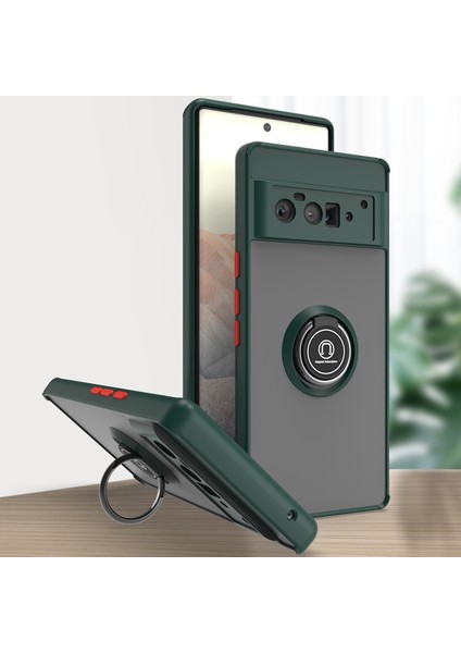 Google Pixel 6 Pro Için Yüzük Stand Mat Sert Silikon Telefon Kılıfı - Koyu Yeşil (Yurt Dışından)