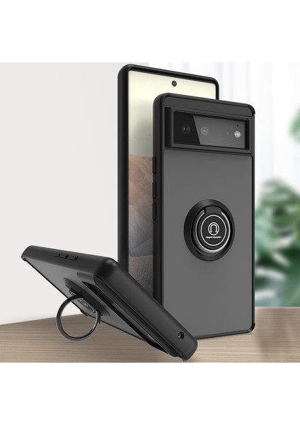 Google Pixel 6 Için Yüzük Stand Mat Sert Silikon Telefon Kılıfı - Siyah (Yurt Dışından)
