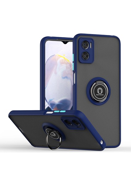 Motorola Moto E22I / E22 Için Yüzük Stand Mat Sert Silikon Telefon Kılıfı - Mavi (Yurt Dışından)