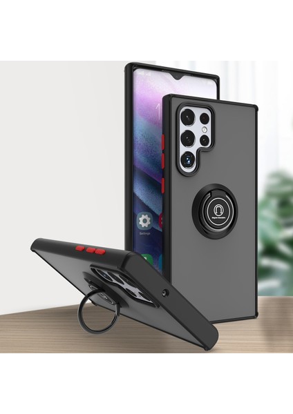 Samsung Galaxy S22 Ultra 5g Için Yüzük Stand Mat Sert Silikon Telefon Kılıfı - Siyah/kırmızı (Yurt Dışından)