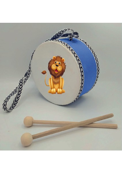 Aslan Baskılı Deri Oyuncak Çocuk Davulu Mavi (1-5 Yaş)