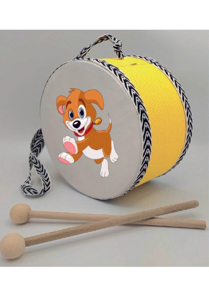 Sevimli Köpek Baskılı Deri Oyuncak Çocuk Davulu Sarı (1-5 Yaş)
