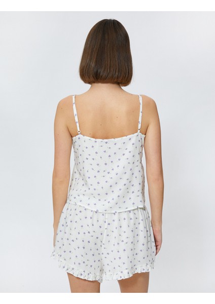 Askılı Pijama Üstü Çiçekli V Yaka