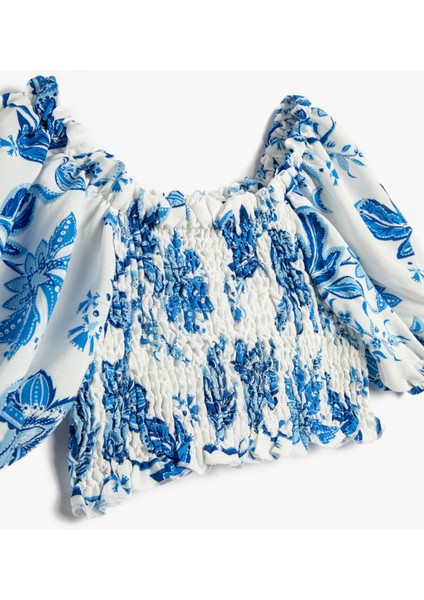 Crop Bluz Gipe Detaylı Kısa Balon Kollu Düşük Omuz