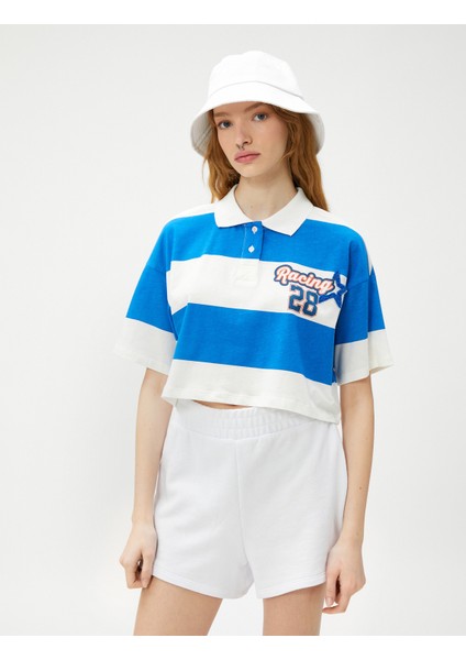 Crop Tişört Polo Yaka Kolej Baskılı Kısa Kollu Pamuklu modelleri
