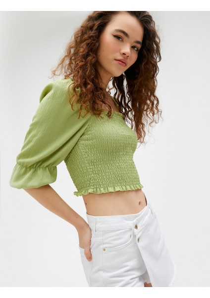 Crop Tişört Gipeli Balon Kollu Kare Yaka