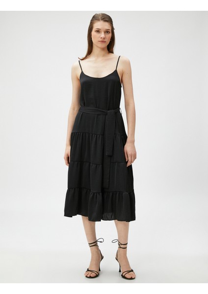 Katlı Midi Boy Elbise Askılı Kuşaklı modelleri