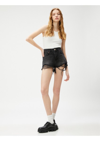Yırtık Kot Şort Cep Detaylı Yüksek Bel fiyatları