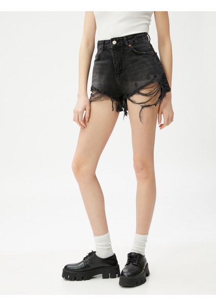 Yırtık Kot Şort Cep Detaylı Yüksek Bel modelleri