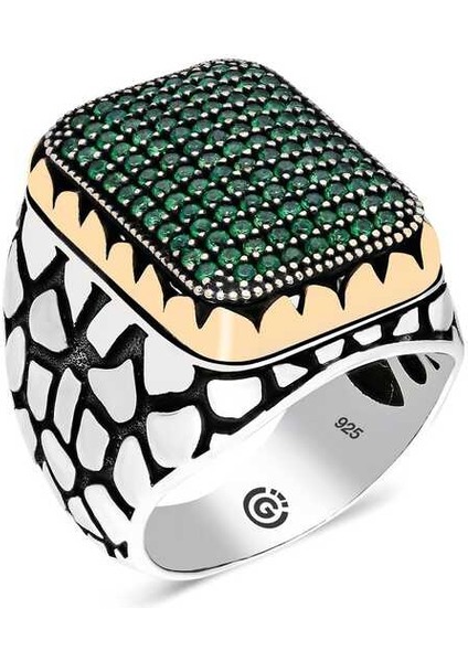 Gümüş Yeşil Zirkon Taşlı Kare Erkek Yüzük