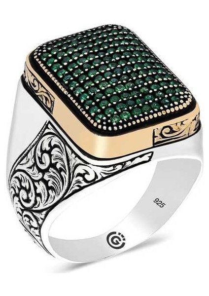 Gümüş Yeşil Zirkon Taşlı Kare Erkek Yüzük