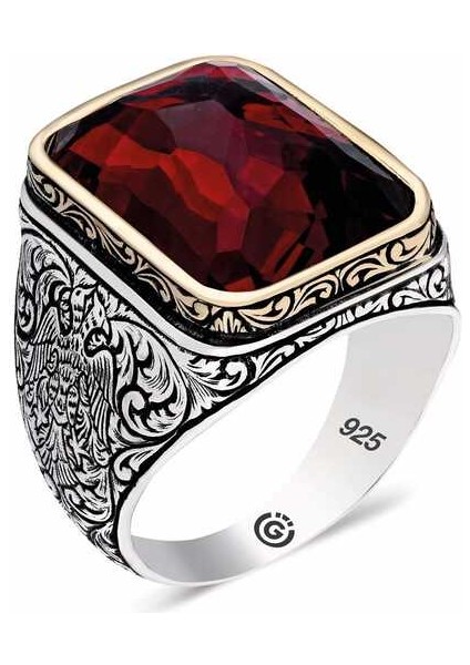 Gümüş Zirkon Kırmıızı Taşlı Kare Erkek Yüzük