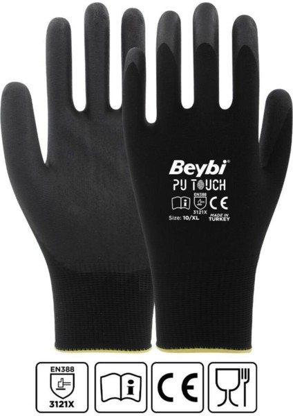 Pu Touch Polyester Eldiven No:10 Siyah 12'li Paket