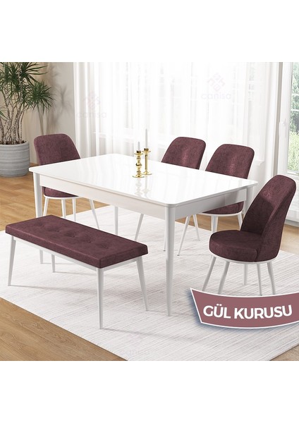 Pir Serisi, 80X130 Sabit Beyaz Mutfak Masası Takımı ve 4 Sandalye 1 Bench