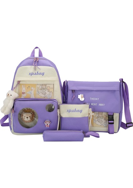 Ins Stil Kanvas Sırt Çantası Okul Çantası 4 Adet Kolyeli (Yurt Dışından)