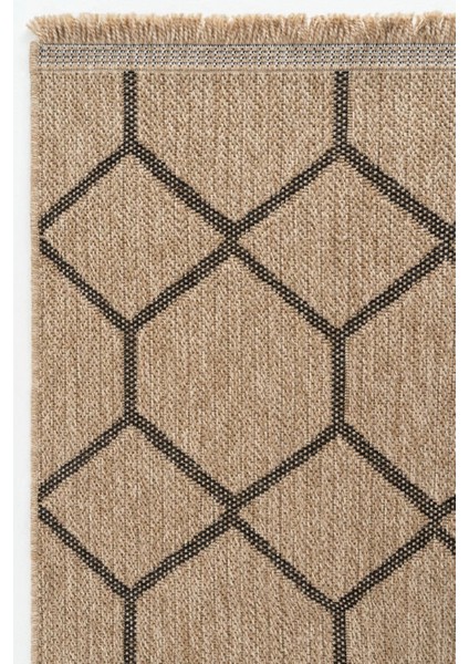 Bej & Siyah Geometrik Desenli Jüt Kilim - Bohem Salon ve Mutfak Halısı - Hoom Rugs India 669