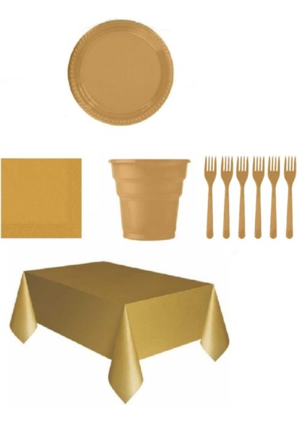 Gold Renk Plastik Tabak, Bardak, Çatal, Peçete ve Tek Kullanımlık Masa Örtüsü Seti