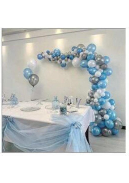 50 Ad A.mavi-Beyaz-Gümüş Metalik Balon, 5 mt Balon Zinciri , Parti Balon Seti 90010