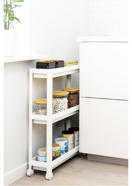 Omaş Plastik 3 Katlı Tekerlekli Beyaz Raf Ünitesi Omaş 3 Katlı Raf