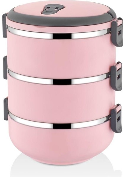 3 Katlı Sızdırmaz Yemek Termosu Sefer Tası Saklama Kabı Pudra Pembe 2,25 Litre
