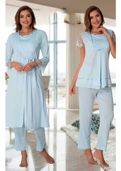 2054 Effortt Kadın Mavi Sabahlıklı Lohusa Pijama Takımı