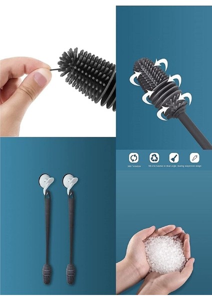 Lusso Cosmetic Biberon Temizleme Fırçası Silikon Süt Şişe Yıkama Fırçası 360 Derece Döner Fonksiyonlu Uzun Saplı