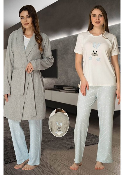 2070 Tavşan Desenli Sabahlıklı Kısa Kollu Mavi Pijama Takımı