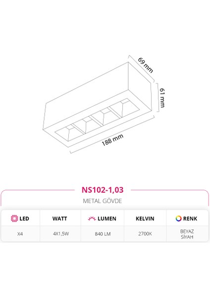 Sıva Üstü Tavan Armatürü Siyah Beyaz 2700K Sarı Işık NS102-1