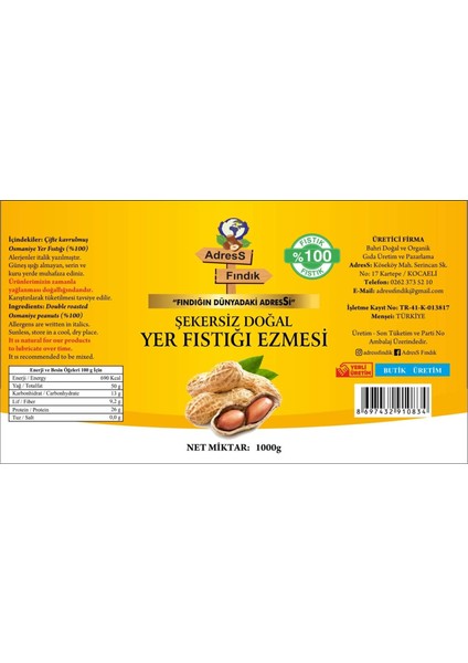 2 kg Şekersiz Katkısız % 100 Fıstık Ezmesi (2 x 1000 gr)