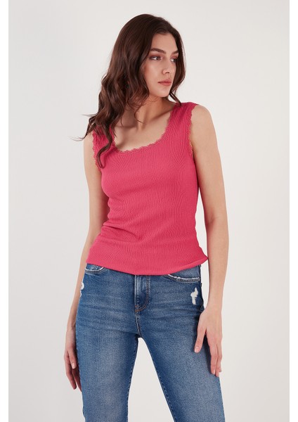 Slim Fit Kalın Askılı Dantelli Kare Yaka Bürümcük Atlet Bayan Atlet 5864979