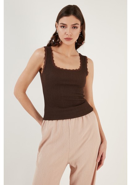 Slim Fit Kalın Askılı Dantelli Kare Yaka Bürümcük Atlet Bayan Atlet 5864979