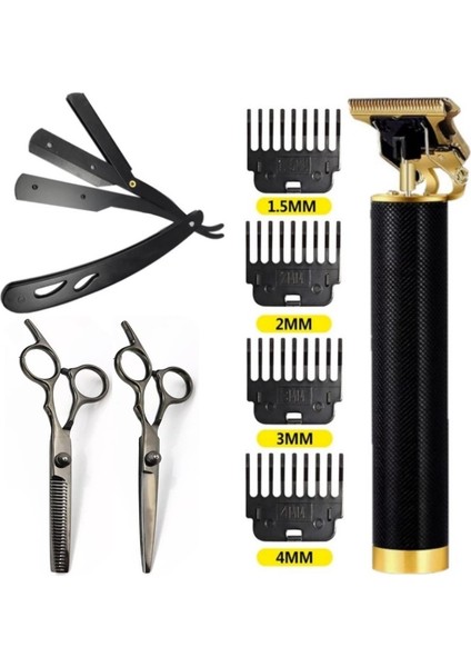 Shave R4 Elektrikli Tıraş Makinesi + U3 Full Metal Ustura + M8 Kesme + Inceltme Makas Set - 6inç/15 cm